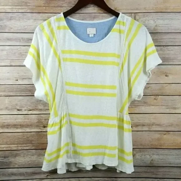 Anthropologie Postmark Hitch Stripe Top Small Yellow White Shortleeve - Picture 2 of 5